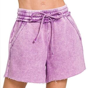 Acid Wash Fleece Drawstring Shorts with Pockets in B Violet